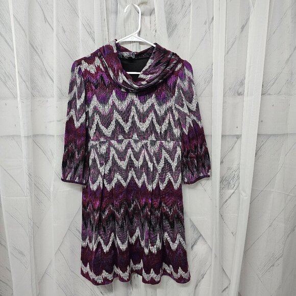 I.N. Studio Purple Abstract Aztec Boho Cowl Neck Knit Mini Dress Size 10P - Picture 9 of 13